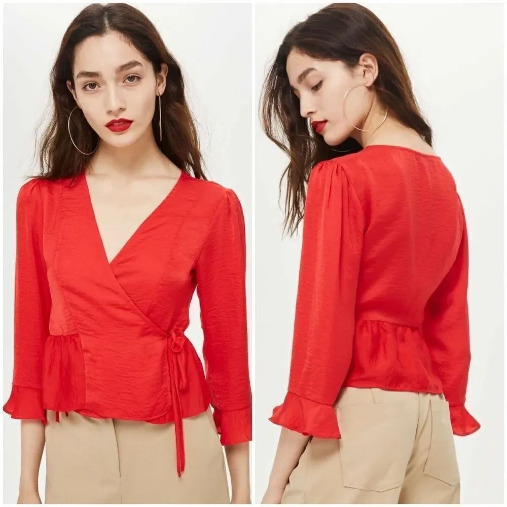 TOPSHOP Red Long Sleeve Front Tie Blouse Sz 4